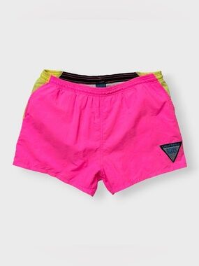 Vintage 90s California Blues Neon Swim Shorts, Nylon Logo, Pockets Trunks, Surf